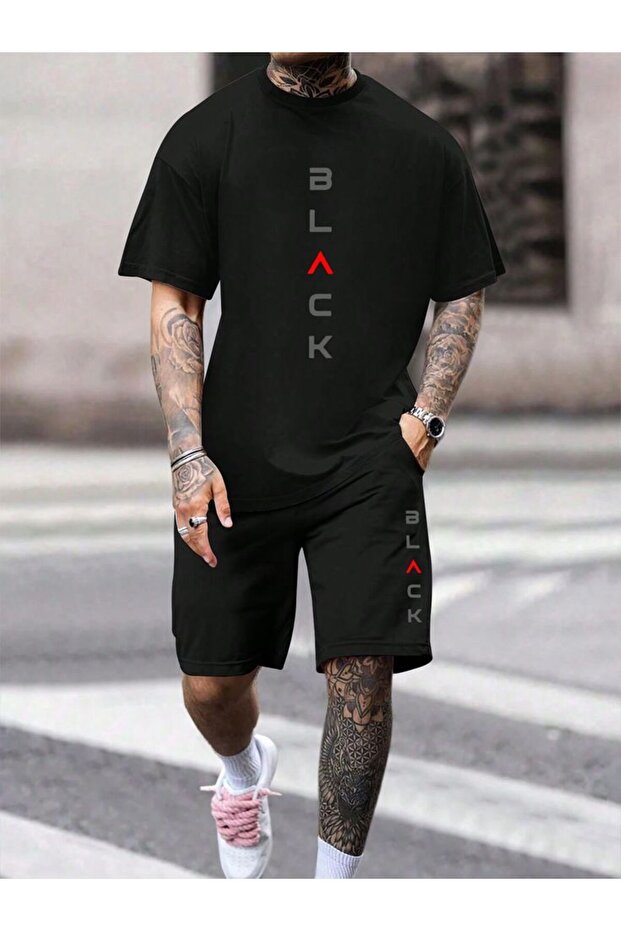 Unisex Black Balance Printed Tshirt Black Summer Tracksuit Set