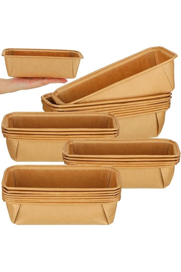 100 Pcs Disposable Paper Loaf Pans - Rectangle Kraft Bread Baking Pans, Microwave/Freezer/Oven Safe Tart Molds for Display, Pie