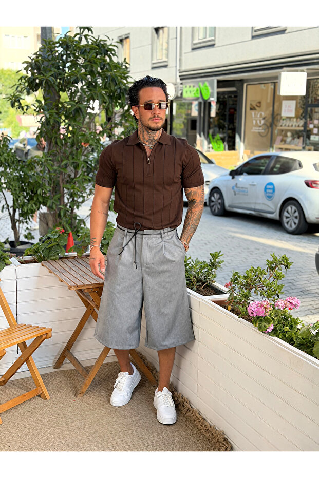 Ribbed Polo Collar with Zipper on the Collar, Brown