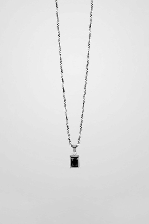 Unisex Square Stone Detailed Steel Chain Necklace Silver