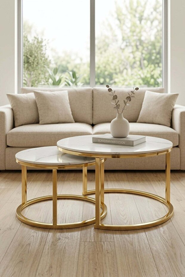 Ceramic Nesting Coffee Table Set with Metal Frame Modern Design
