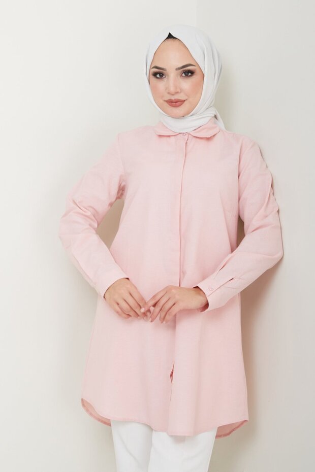 Women's Long Basic Powder Polo Collar Hijab Shirt Dress