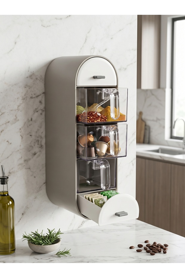 Mink Color Special Design, 5 Drawers, Leak-Proof, Spoon Holder, Spice Rack Set, Wall Organizer, Self-Adhesive and Stoppered Kitchen