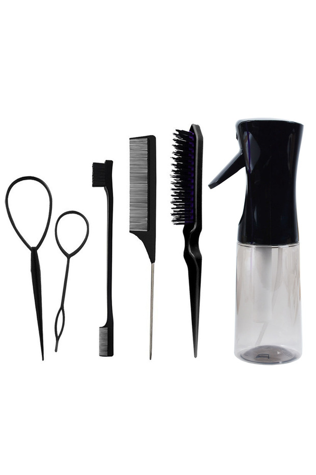 black 6-Piece Hair Styling Comb Set, with Continuous Spray Bottle, 200ml Brush, Rat Tail Comb, Edge