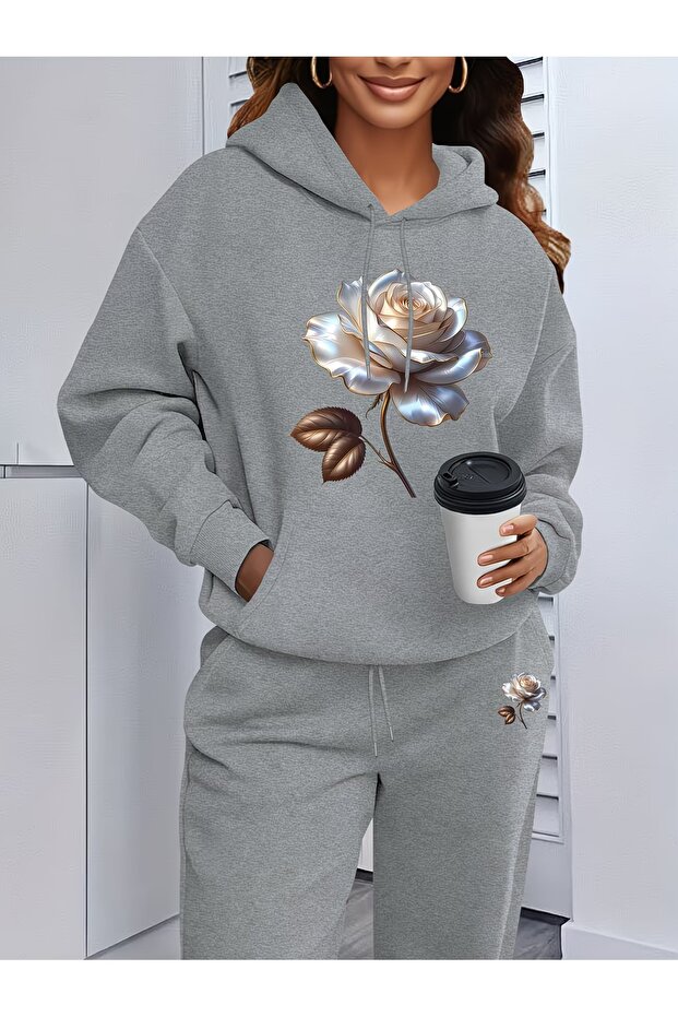 Women's Rose Rose Printed Oversize Hooded Tracksuit Set Loose Fit