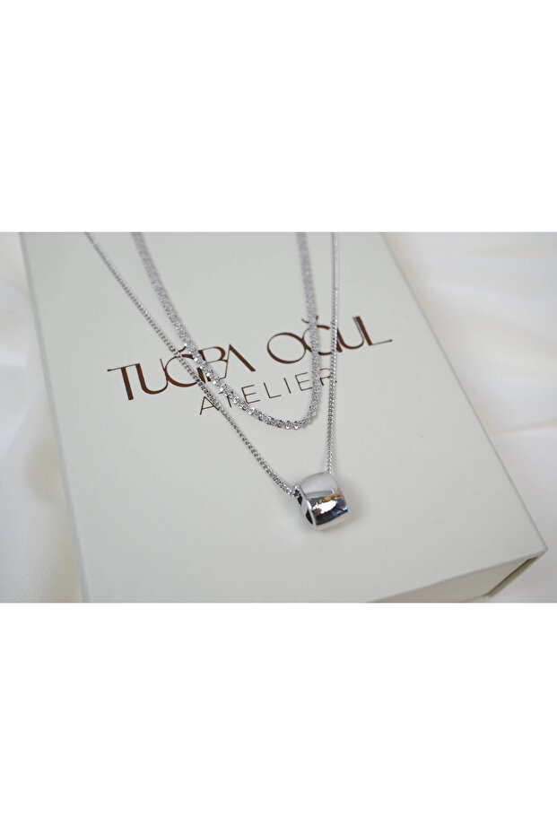 Kol471 Double Necklace Set with Shiny Cylinder End Chain Combination Silver Design Necklace