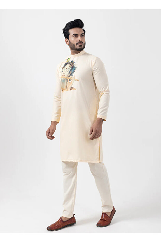 Mens Lord Krishna Print Cotton Kurta Set