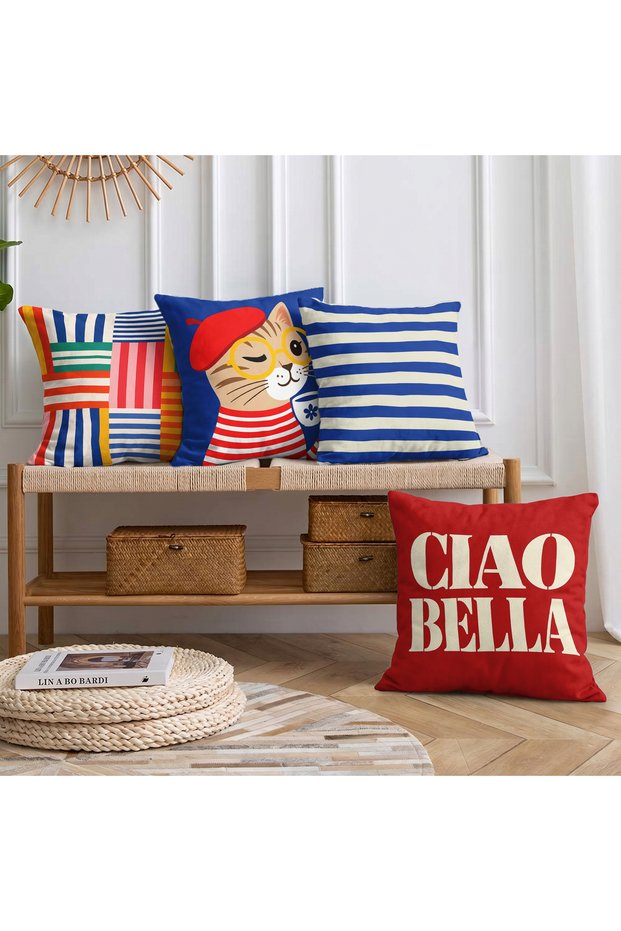 Double-Sided Suede Ciao Bella and Beret Cat Pattern Throw Pillow Cover Set of 4 - Colorful Striped and Typography Decorative Pillowcases