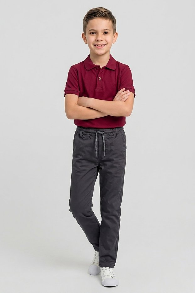 Boys' Burgundy Short Sleeve Polo Collar T-Shirt Smoked Ribbed Waist Canvas School Pants Bottom Top School Outfit