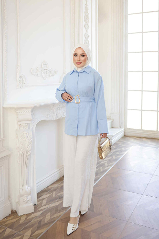 Baby Blue Belted Buttoned Tunic