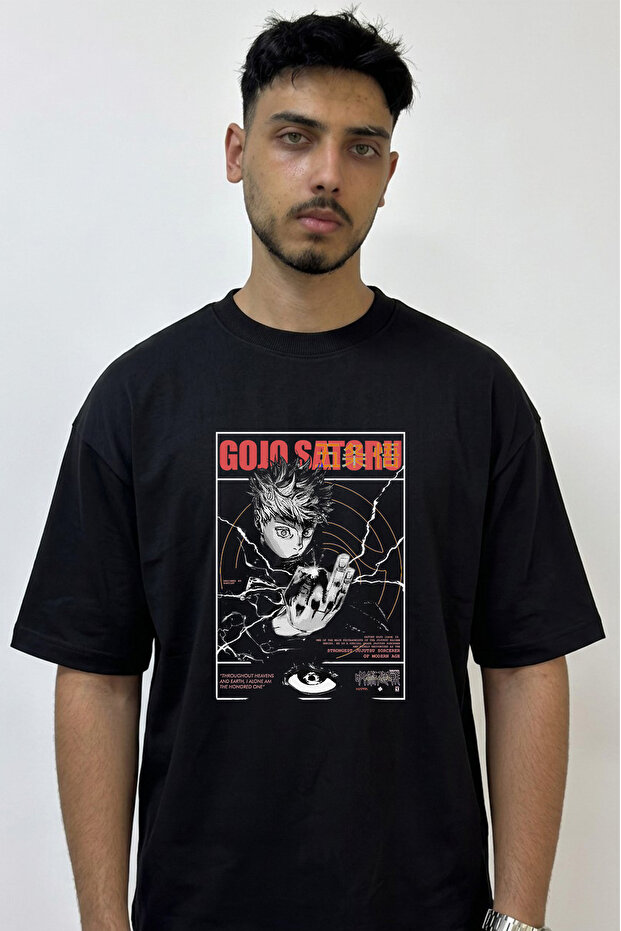 تي شيرت أسود كبير الحجم مطبوع بتصميم Gojo Satoru_50