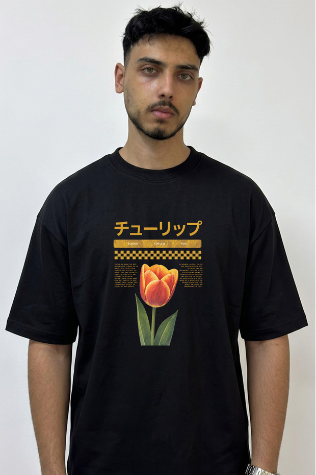 Red Orange Tulip Design Printed Oversize Black T-Shirt