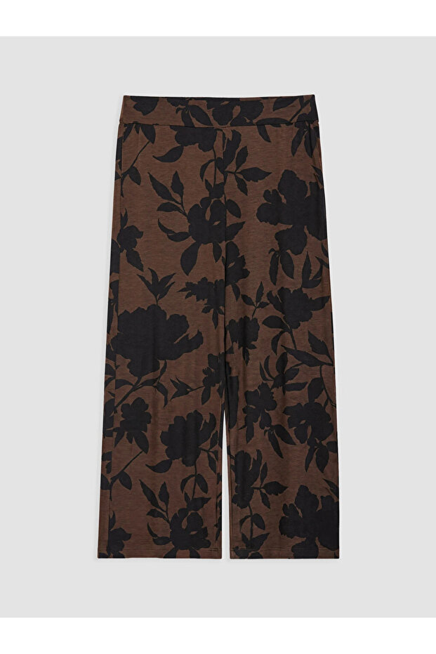 Brown Elastic Waist Patterned Women's Capri Pants