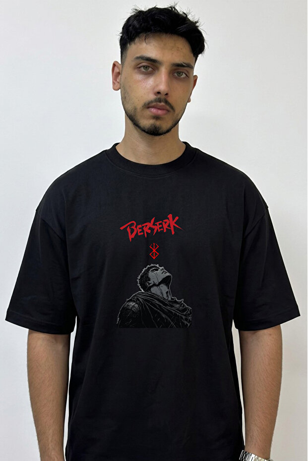 Berserk Guts_4 Design Printed Oversize Black T-Shirt