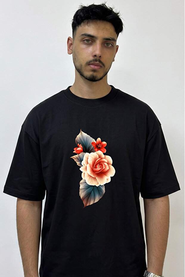 Gullu Cicek Design Printed Oversize Black T-Shirt