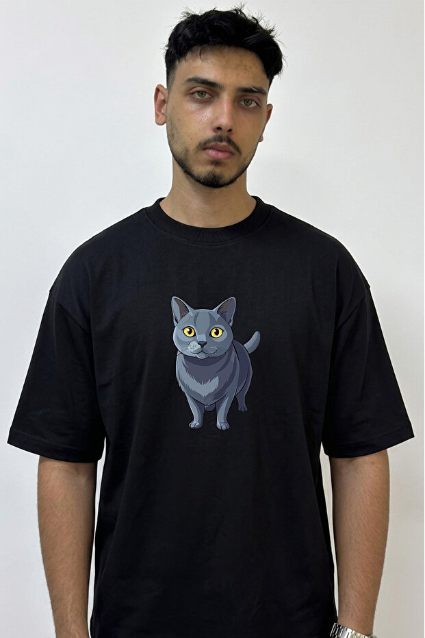 Gray Line Cat Design Printed Oversize Black T-Shirt