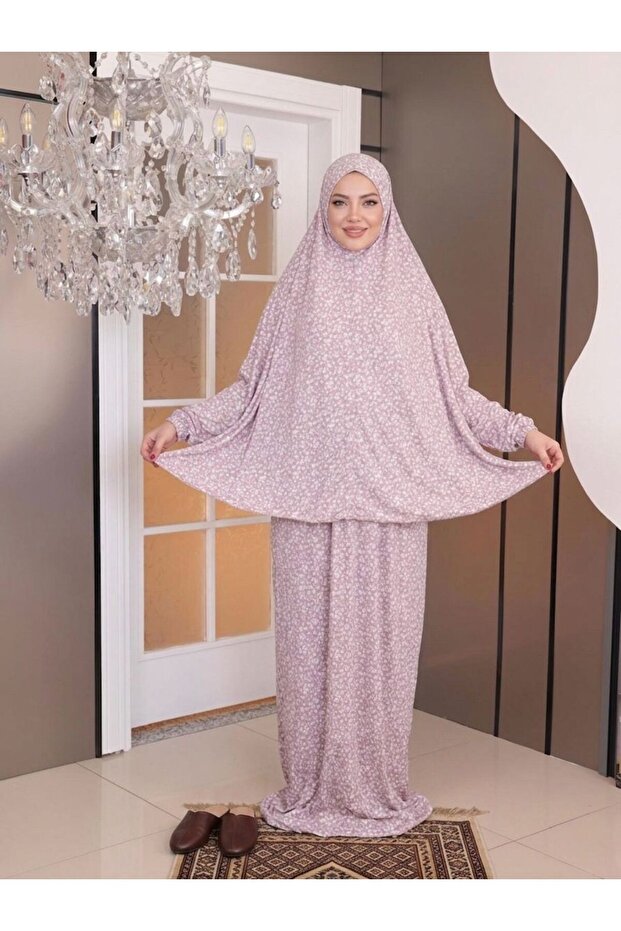 Women's Prayer Gown - Two-Piece Flower-Patterned Seasonal Sweat-Proof Jersey Fabric - Comfortable Fit