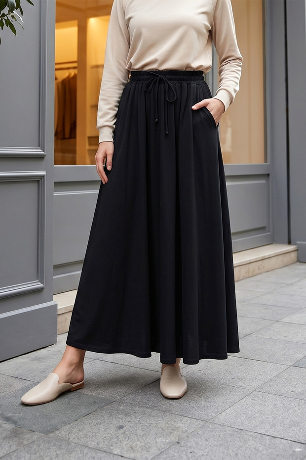 Elastic Waist Lace Pocketed Combed Cotton Skirt – Black