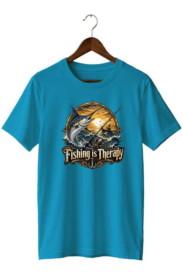 Fishing Is Therapy Printed Unisex T-Shirt Fishing Outdoor Sea Fish Themed Crew Neck