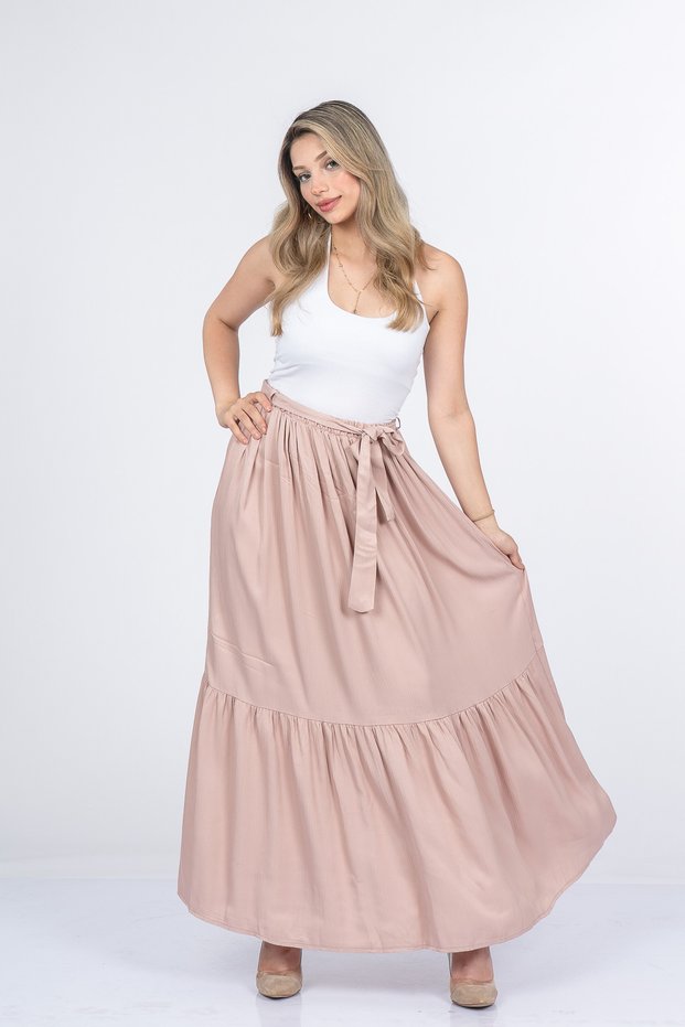Women's Summer Powder Waist Elastic Crinkle Long Skirt Stylish Daily Comfortable 6901