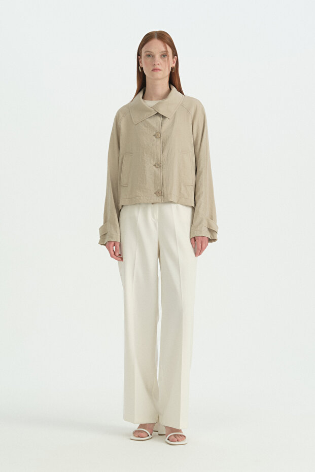 Button Detailed Crop Jacket - Beige - 1