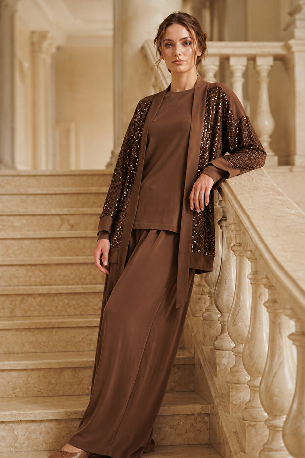 Sequined Hijab Suit A9268 Taba