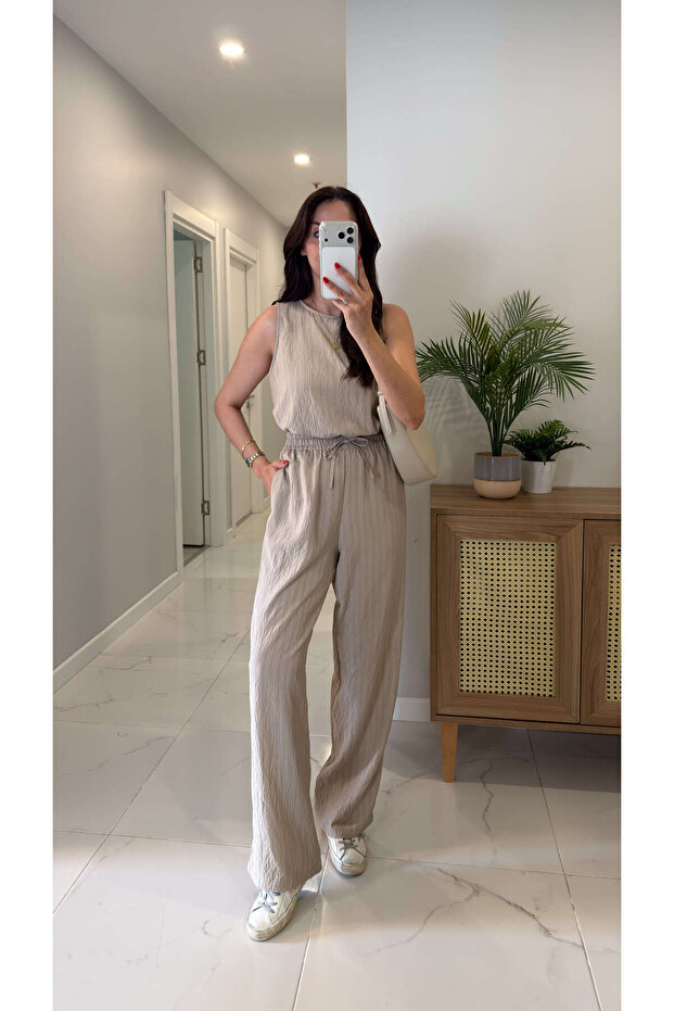 Md Vude Stone Striped Sleeveless Blouse Trousers Set