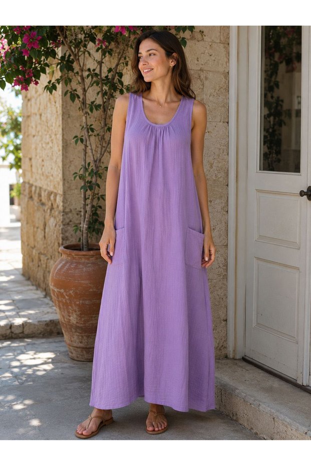 Women's Lilac 100% Cotton Muslin Fabric Long Dress with Pockets