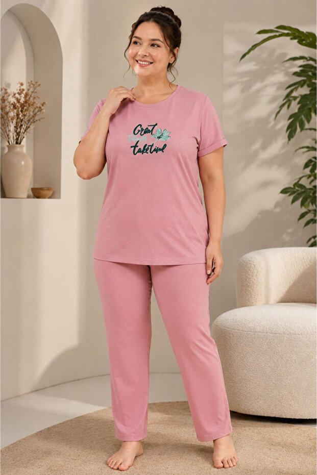 Large Size Summer Combed Cotton Pink Short Sleeve Pajama Set