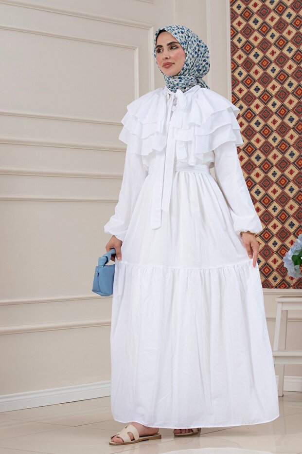 Ruffle Detailed Roza Hijab Dress-White