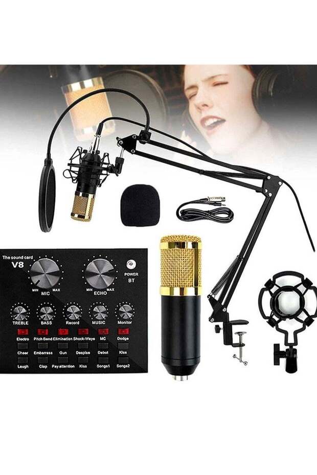 Microphone, Live Sound Card & BM800 Suspension Microphone Kit for Broadcasting Recording
