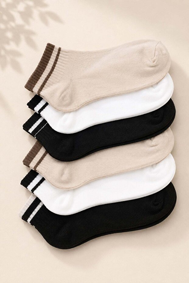 Women's Patterned 6-Piece Bamboo Booties Socks Beige Black White - 302