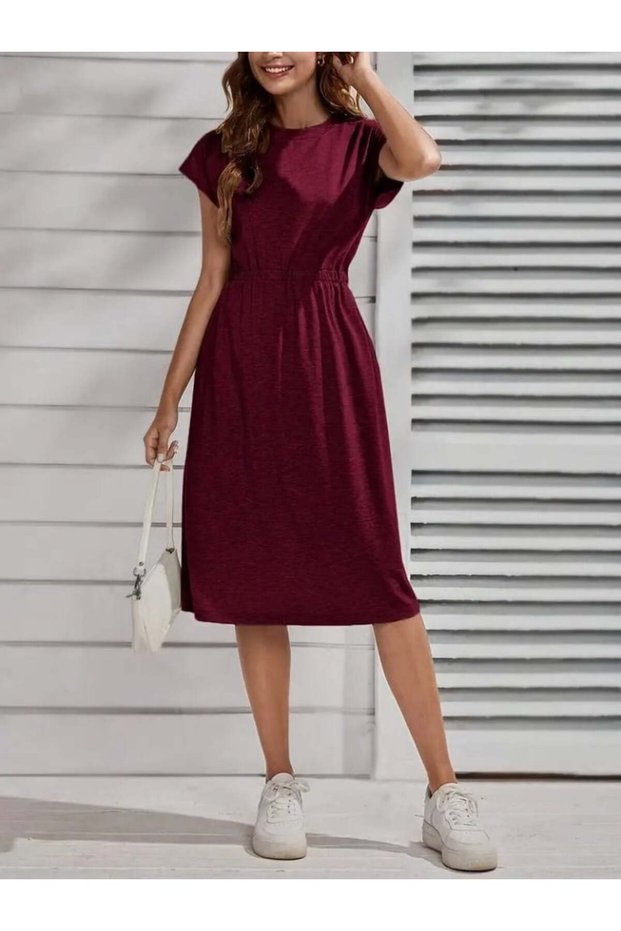 Women's Short Sleeve Crew Neck Midi Viscose Dress with Elastic Waist