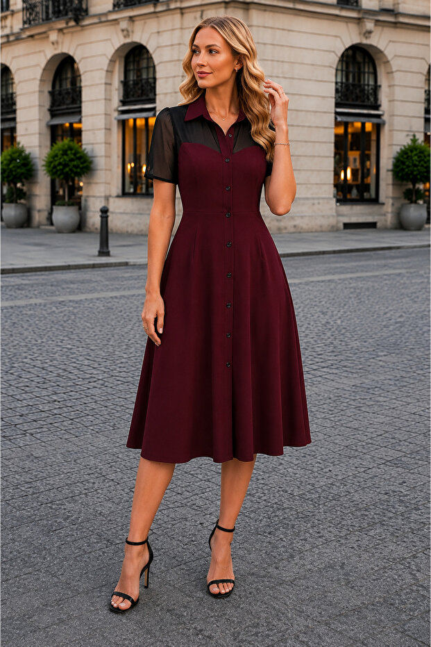 Timeless Elegance Women's Button Front Short Sleeve Crepe Dress