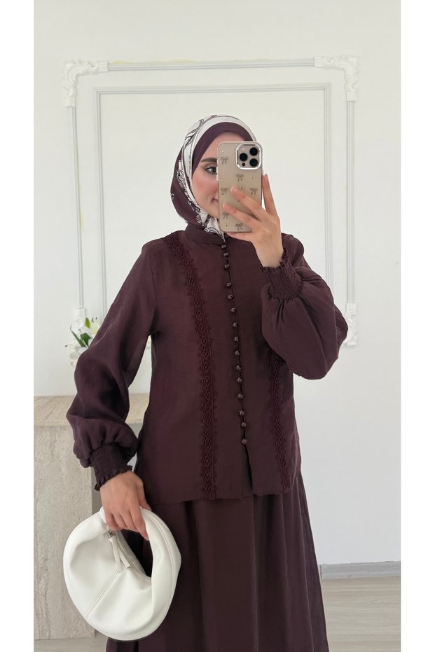 Molly Nelly Women's Button and Lace Voile Stylish Skirt Suit