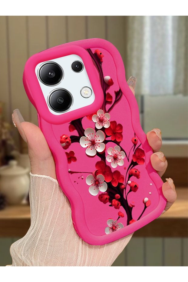 Redmi Note 13 4g Compatible Case with Camera Protection Red Silicone Couple Phone Case with Floral Pattern