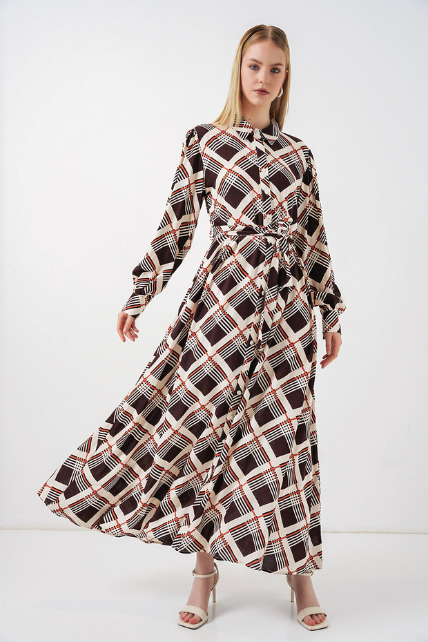Women's Buttoned Long Hijab Dress 1548 - Brown Beige