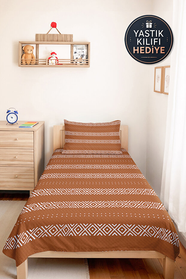 Brown Geometric Bohemian Single Pique Set - White Ethnic Modern 160X220 cm Bedspread