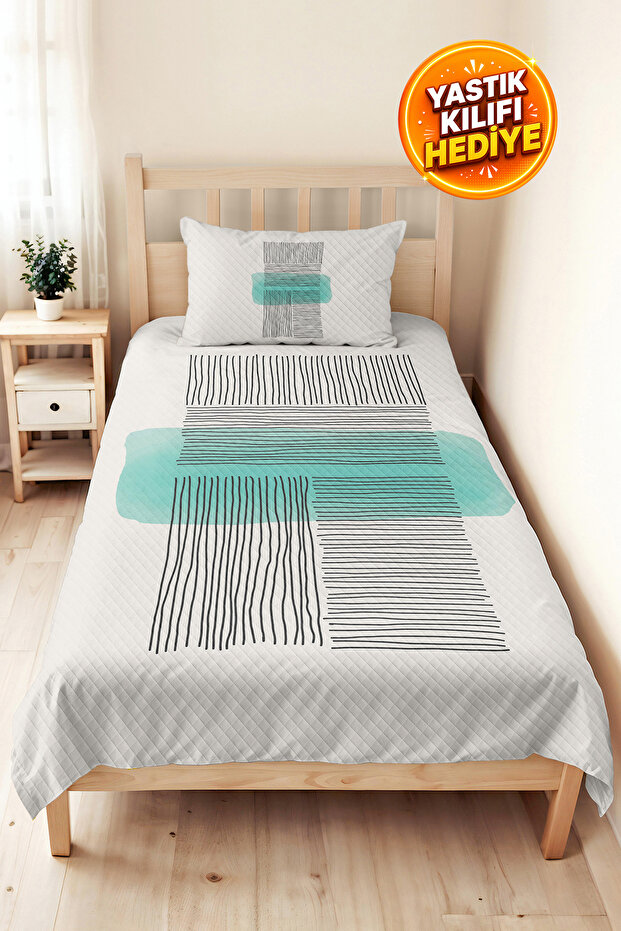 Geometric Striped Mint Young Room Single Pique Set - Black 160X220 cm Quilted Bedspread