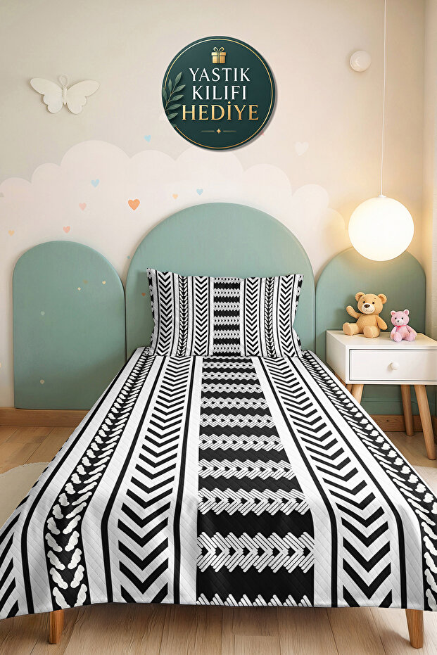 Black Geometric Youth Room Single Pique Set - Modern Striped 160X220 cm Quilted Bedspread