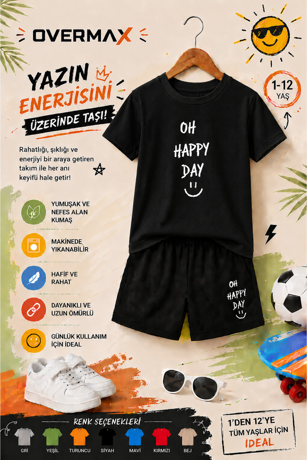 Oh Happy Day Printed Children's Set – T-Shirt & Shorts 2-Piece Combination | Trendy Summer Set for Ages 1-12