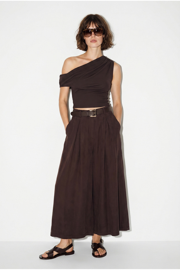 Women's Bitter Coffee High Waist Belted Pleated Detailed Wide Leg Skirt Trousers 3320 60286408