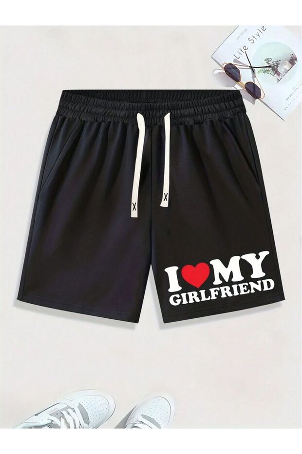 شورت أسود مطبوع عليه I Love My Girlfriend
