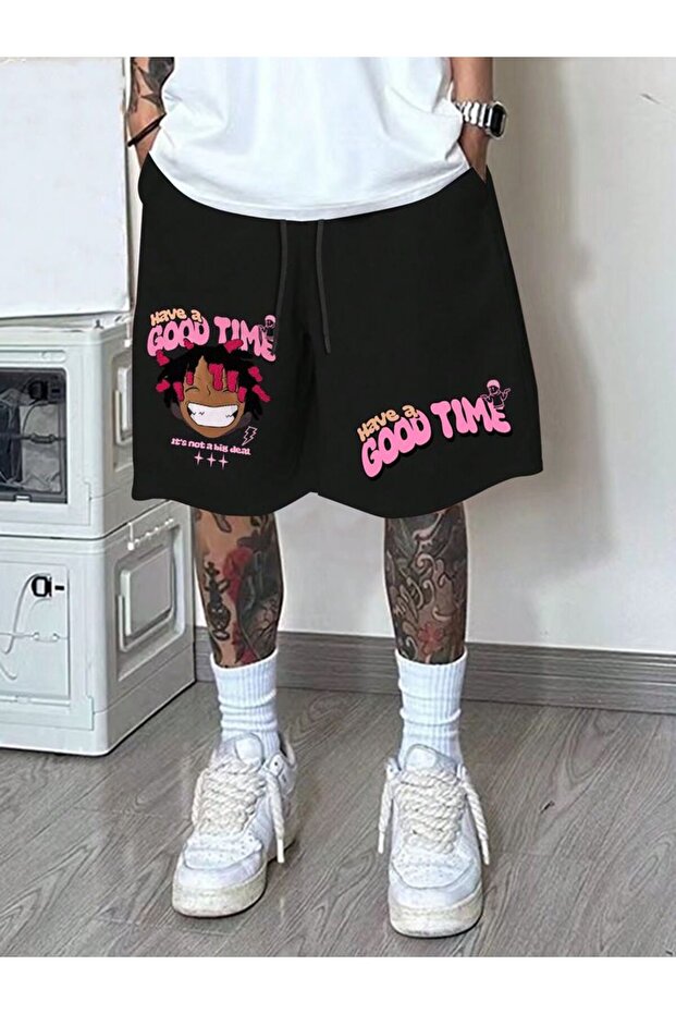 Good Time Printed Black Oversize Shorts - 1