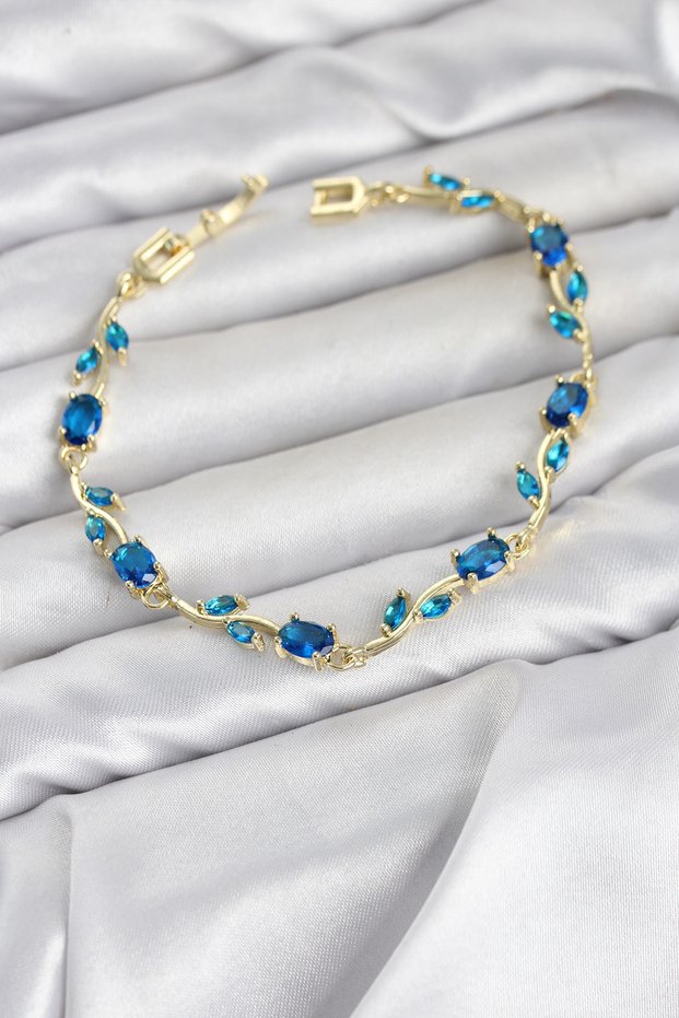 Brass Gold Color Blue Zircon Stone Flower Model Women's Bracelet - Ebj260701W44118