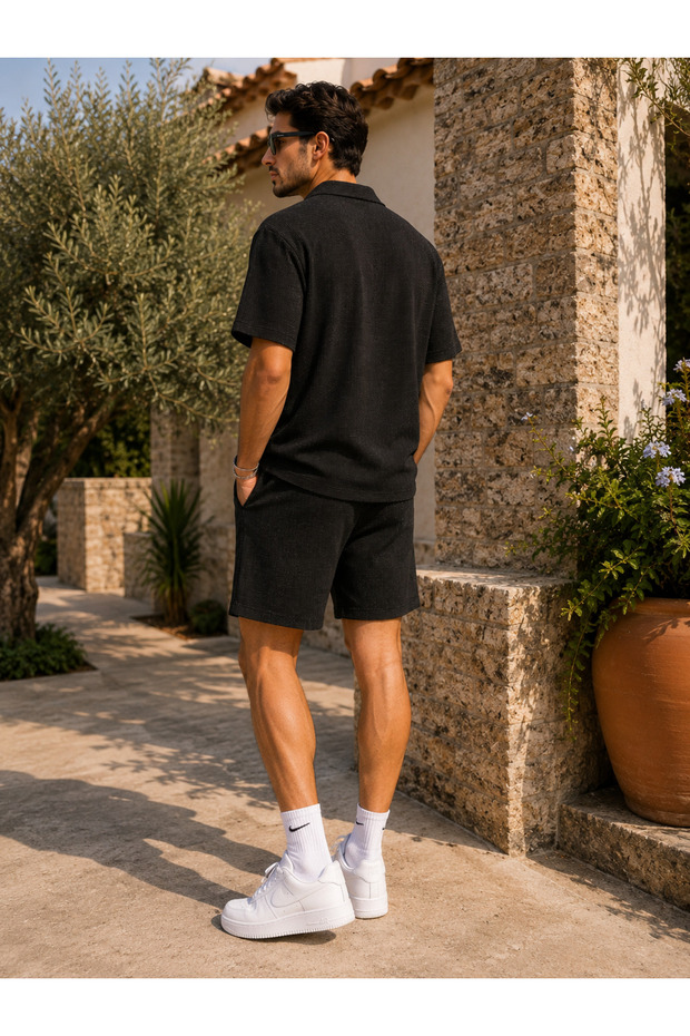 Men's Set Pitircik Fabric Cuban Collar T-Shirt & Shorts