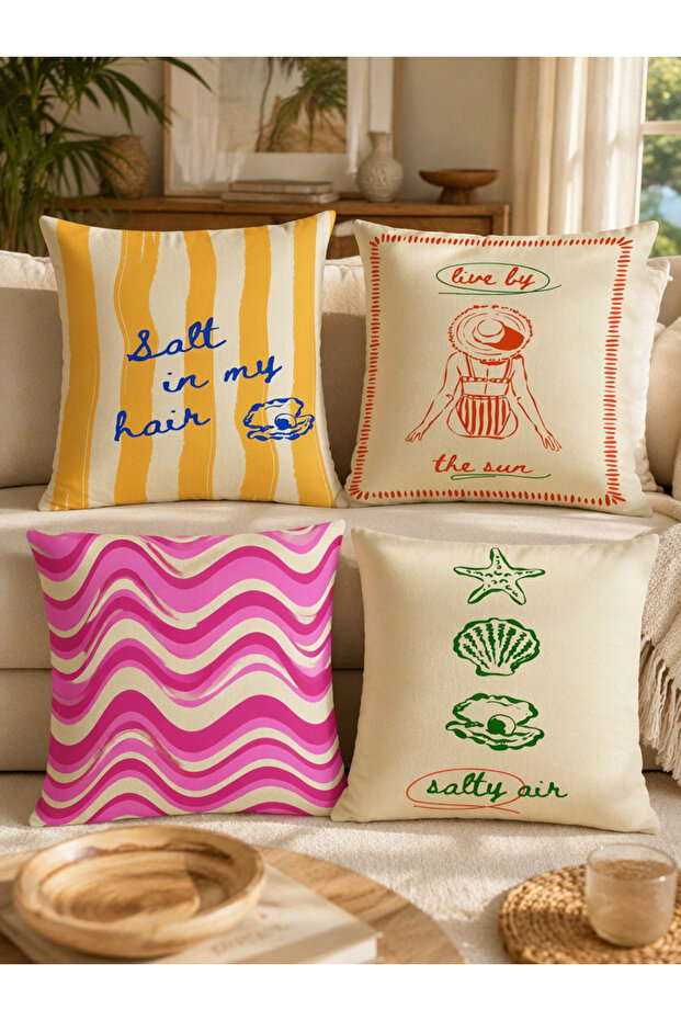 Set of 4 Decorative Pillow Covers - Summer Sea Breeze Inspired, 43X43 Cm, Double-Sided Printed Throw Pillow