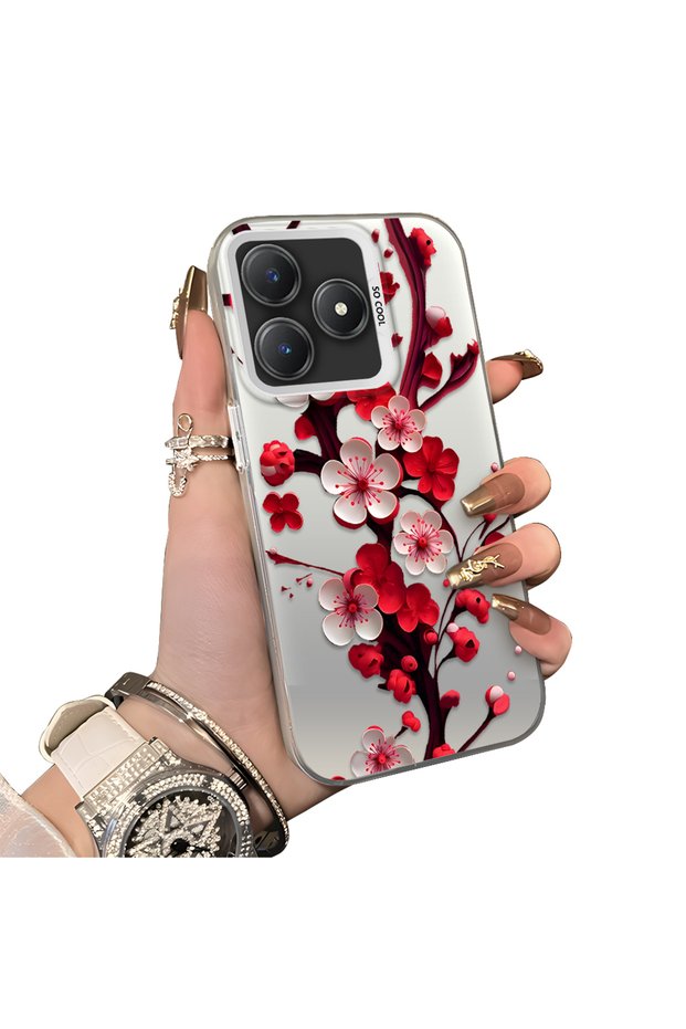 Realme C63 Compatible Silicone Edge Hard Back Case Couple Phone Case with Floral Pattern