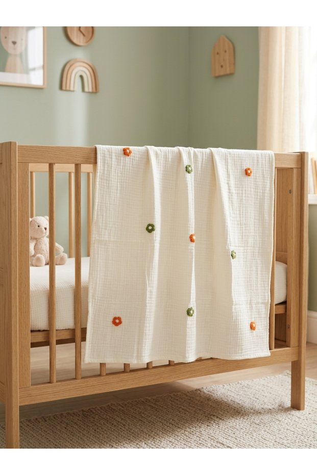 4 Layer Muslin Baby Blanket Floral Punch Embroidered 100% Cotton Muslin Swaddle Cover Multi-Purpose Baby Blanket
