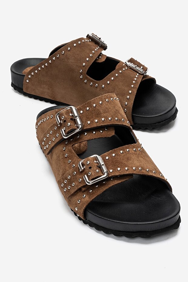 Avenelle Earth Suede Genuine Leather Double Strap Studded Women's Slippers